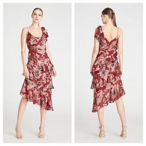 NEW THEIA Greta Cowl Cocktail Dress in Fig Sz 12 Midi Tiered
